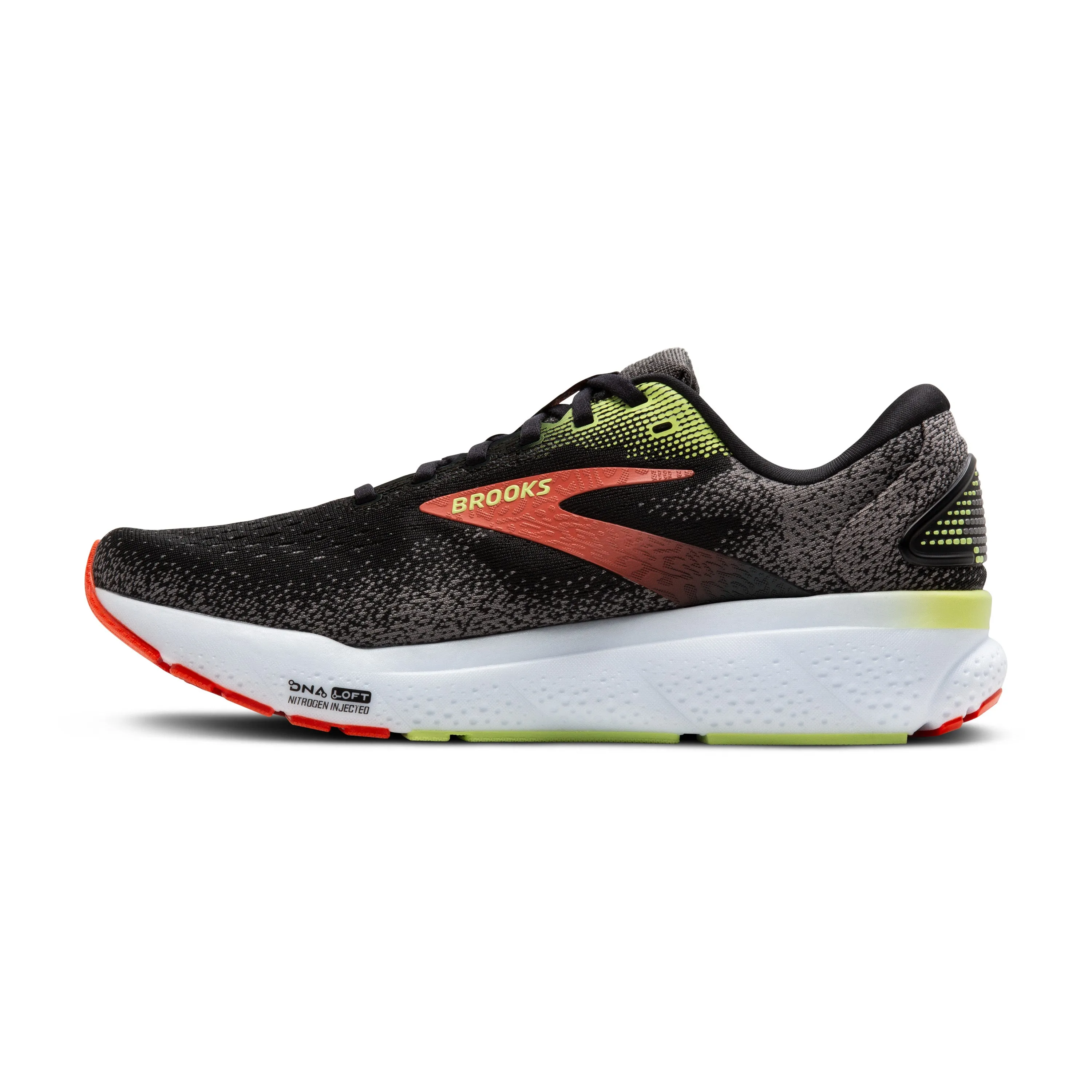 Brooks Mens Trainer Ghost 16 Black/Mandarin Red/Green