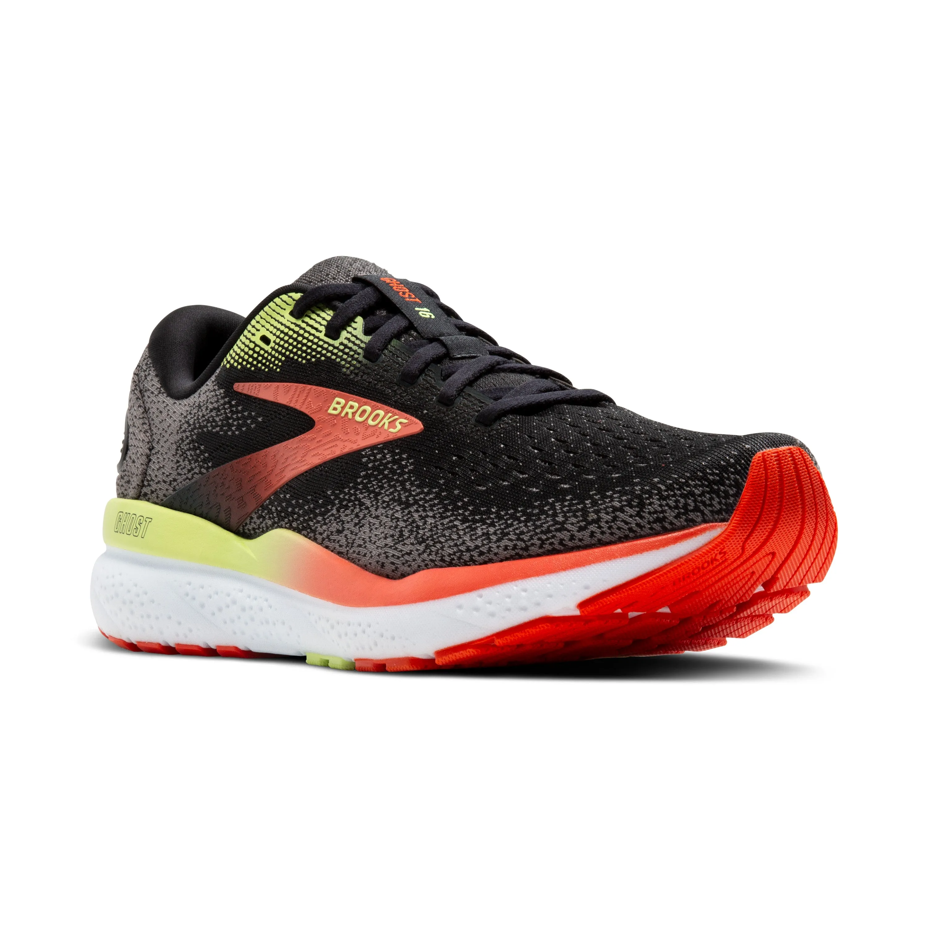 Brooks Mens Trainer Ghost 16 Black/Mandarin Red/Green