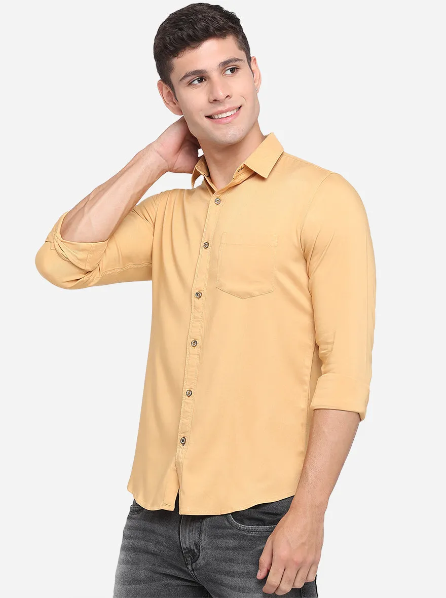 Buff Yellow Solid Slim Fit Semi Casual Shirt | JadeBlue