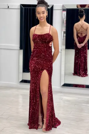 Burgundy Mermaid Sequin Long Prom Dresses with Slit,Red Sequin Bodycon Dress