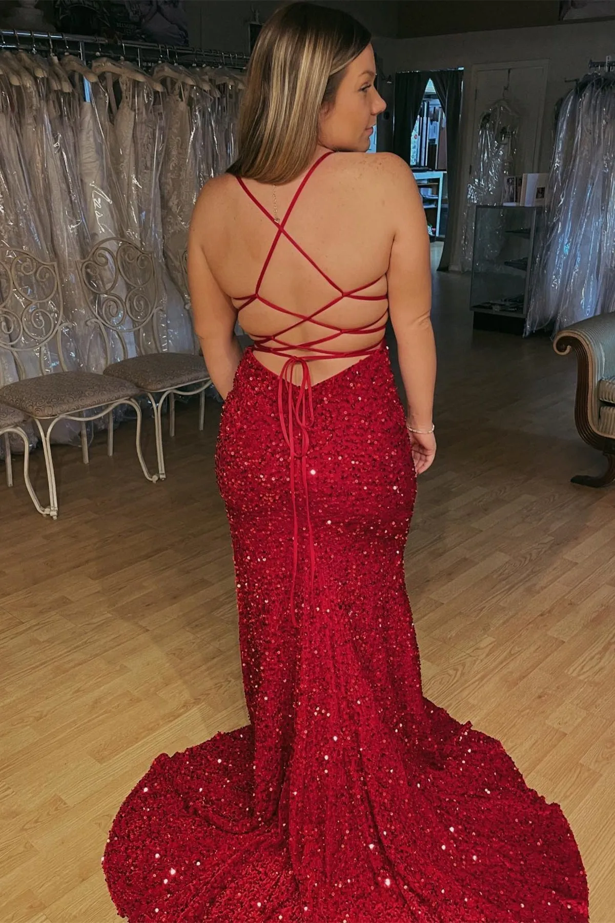 Burgundy Mermaid Sequin Long Prom Dresses with Slit,Red Sequin Bodycon Dress