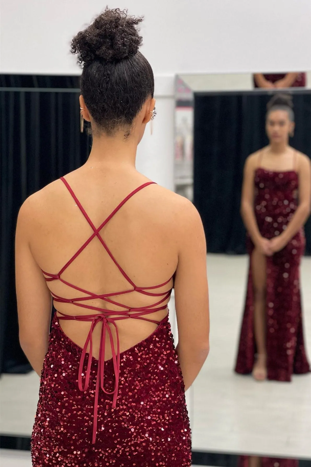 Burgundy Mermaid Sequin Long Prom Dresses with Slit,Red Sequin Bodycon Dress