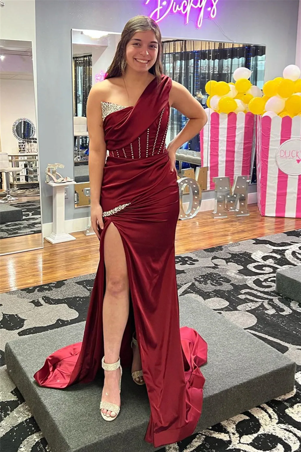 Burgundy One Shoulder Boning Beaded Satin Long Prom Dresses with Slit