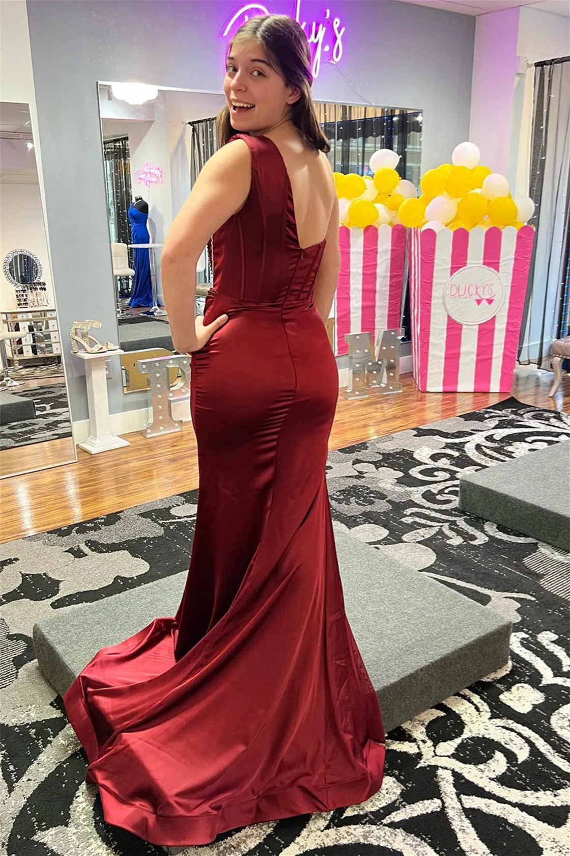 Burgundy One Shoulder Boning Beaded Satin Long Prom Dresses with Slit