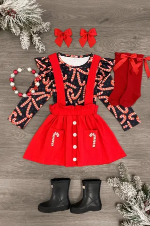 Candy Cane Suspender Skirt Set