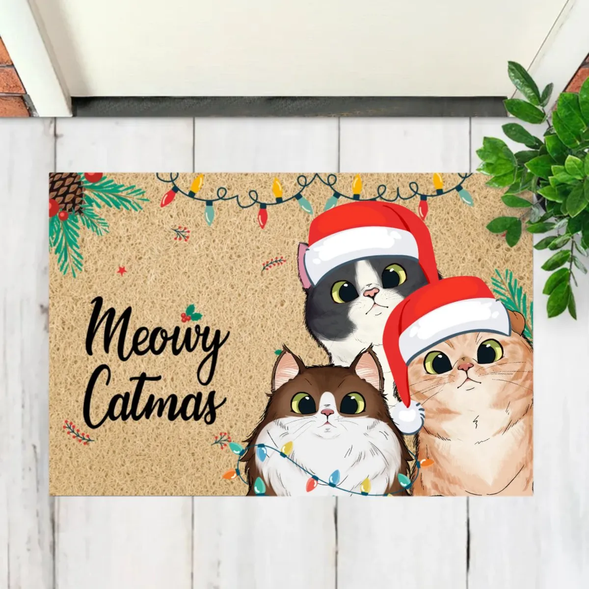 Cat Lover -  Meowy Catmas Cute Peeking Fluffy Cat Christmas - Personalized Doormat