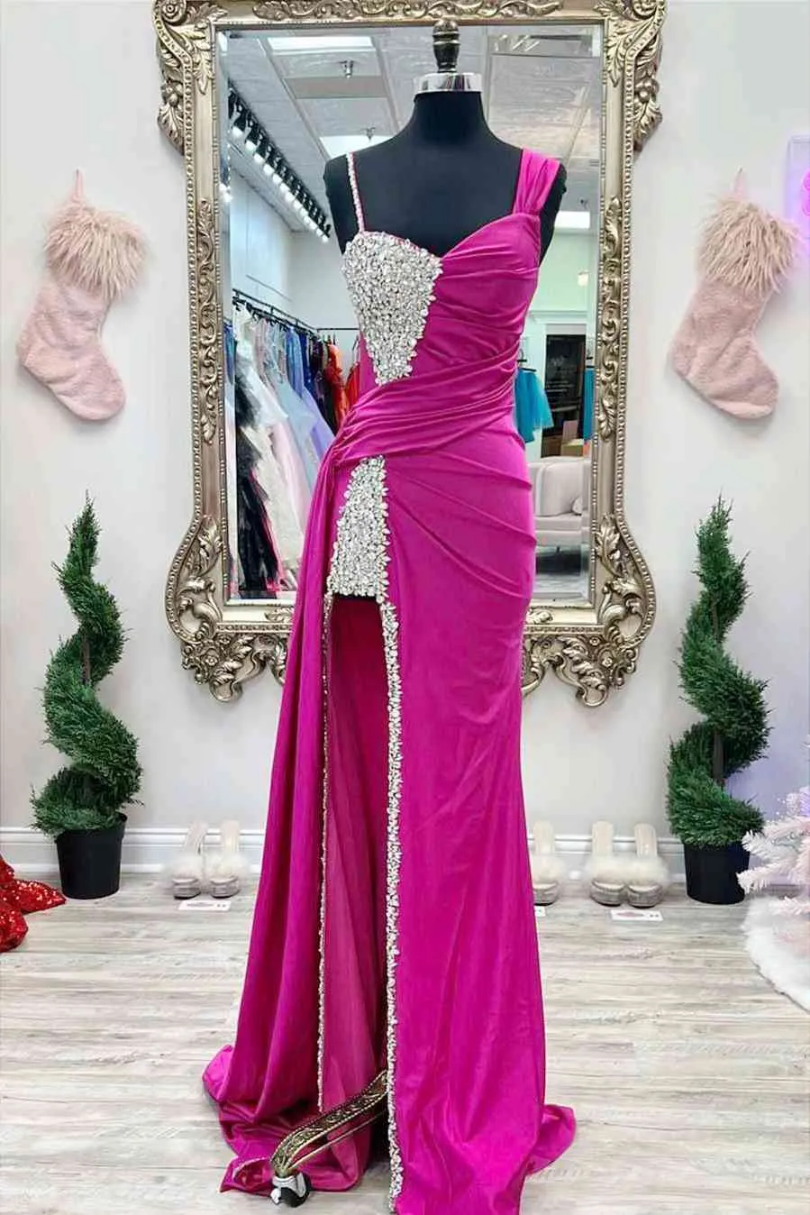 Chic Asymmetrical Fuchsia Beaded Long Prom Dress,Green Dinner Dresses