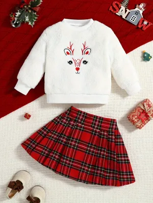 [Christmas 1 Set] Elk Pattern Long-Sleeve Teddy Sweatshirt   A-line Plaid Skirt Outfit, Casual-Style Girls Spring/ Fall Clothes, Ideal For Daily & Outdoor Wear