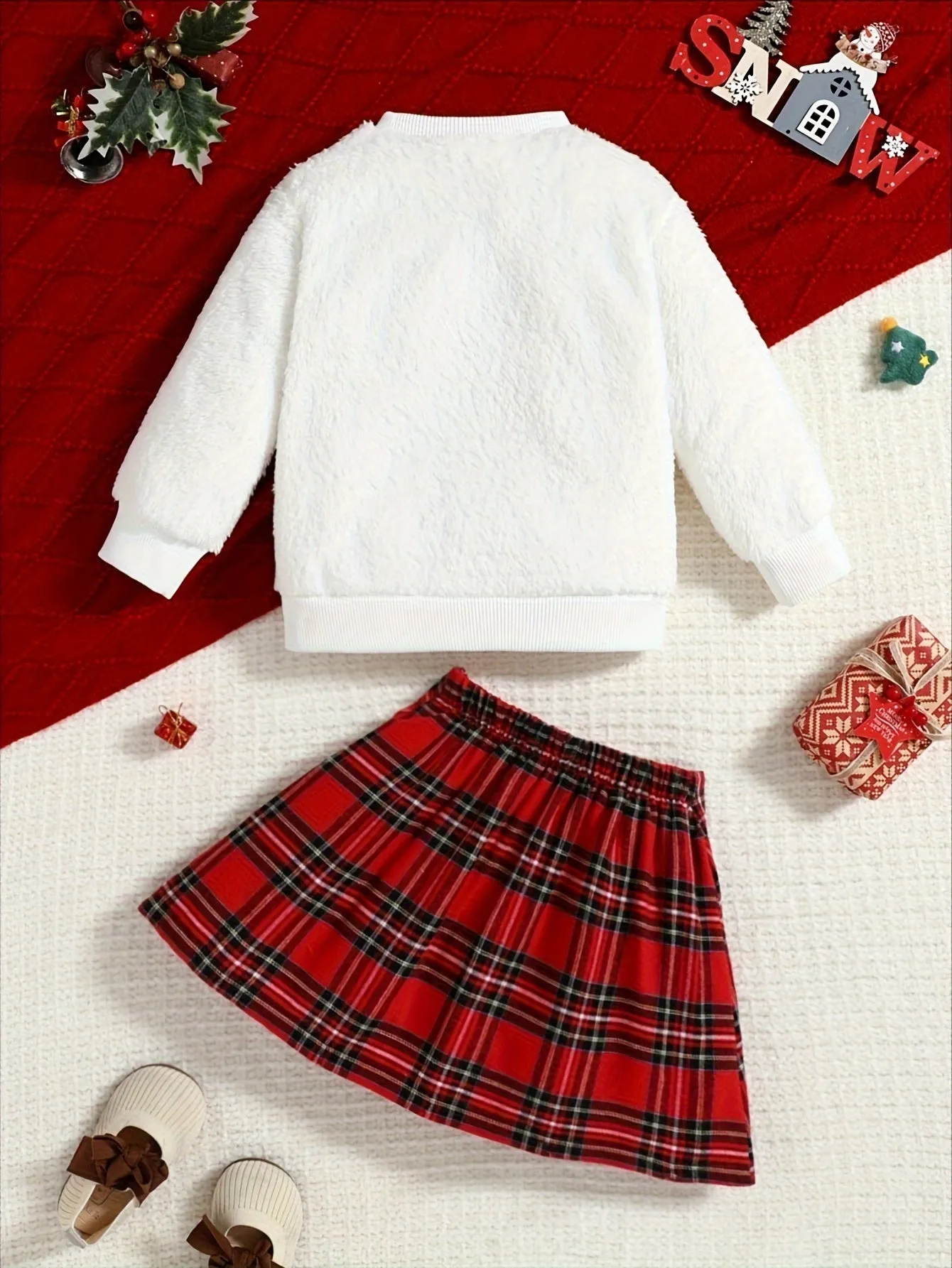 [Christmas 1 Set] Elk Pattern Long-Sleeve Teddy Sweatshirt   A-line Plaid Skirt Outfit, Casual-Style Girls Spring/ Fall Clothes, Ideal For Daily & Outdoor Wear