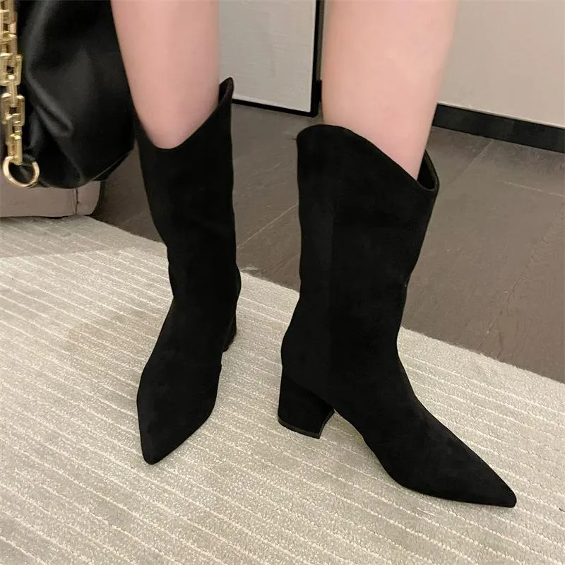 Chunky Heeled Pointed Toe Mid-calf Boots