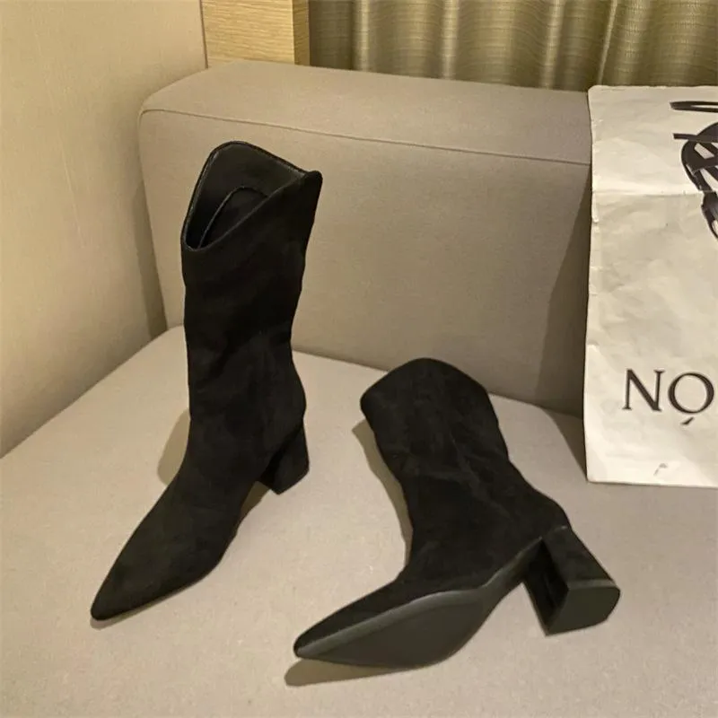 Chunky Heeled Pointed Toe Mid-calf Boots