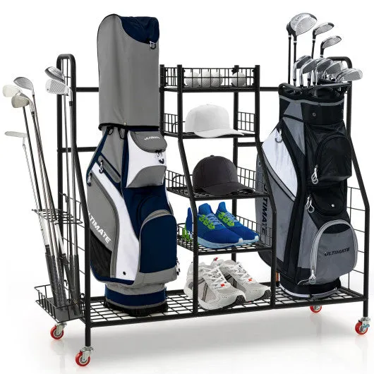 Double Golf Bag Rack with Removable Golf Club Stand and Wheels-Black