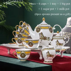 Elegant Luxury English Royal Court Style Hand Made Fine Porcelain Bone China Gold Plated Coffee and Tea Set 10 Pices