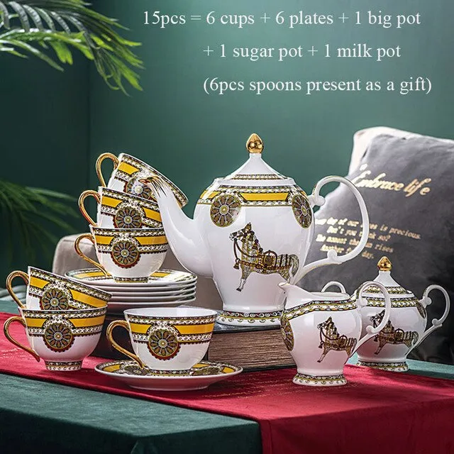 Elegant Luxury English Royal Court Style Hand Made Fine Porcelain Bone China Gold Plated Coffee and Tea Set 15 Pices