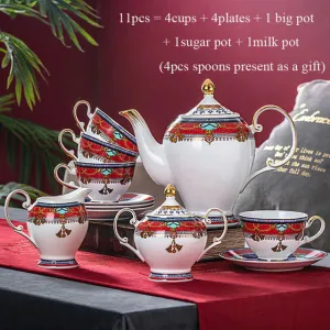 Elegant Luxury French Royal Style Hand Made Fine Porcelain Bone China Gold Plated Coffee and Tea Set 11 Pices