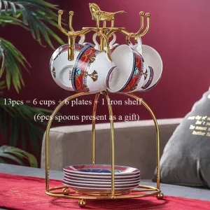 Elegant Luxury French Royal Style Hand Made Fine Porcelain Bone China Gold Plated Coffee and Tea Set To Serve 6 Stainless Steel High Shelf