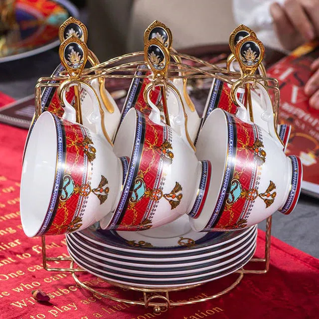 Elegant Luxury French Royal Style Hand Made Fine Porcelain Bone China Gold Plated Coffee and Tea Set To Serve 6