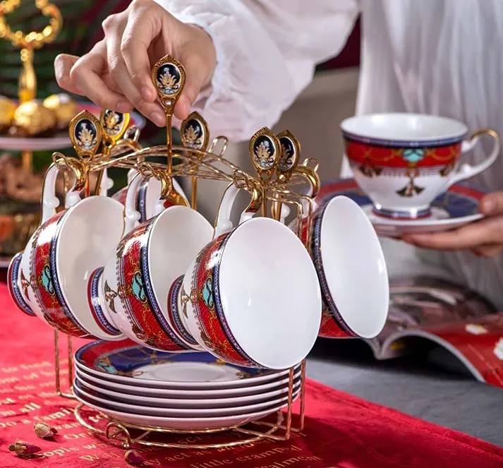 Elegant Luxury French Royal Style Hand Made Fine Porcelain Bone China Gold Plated Coffee and Tea Set To Serve 6