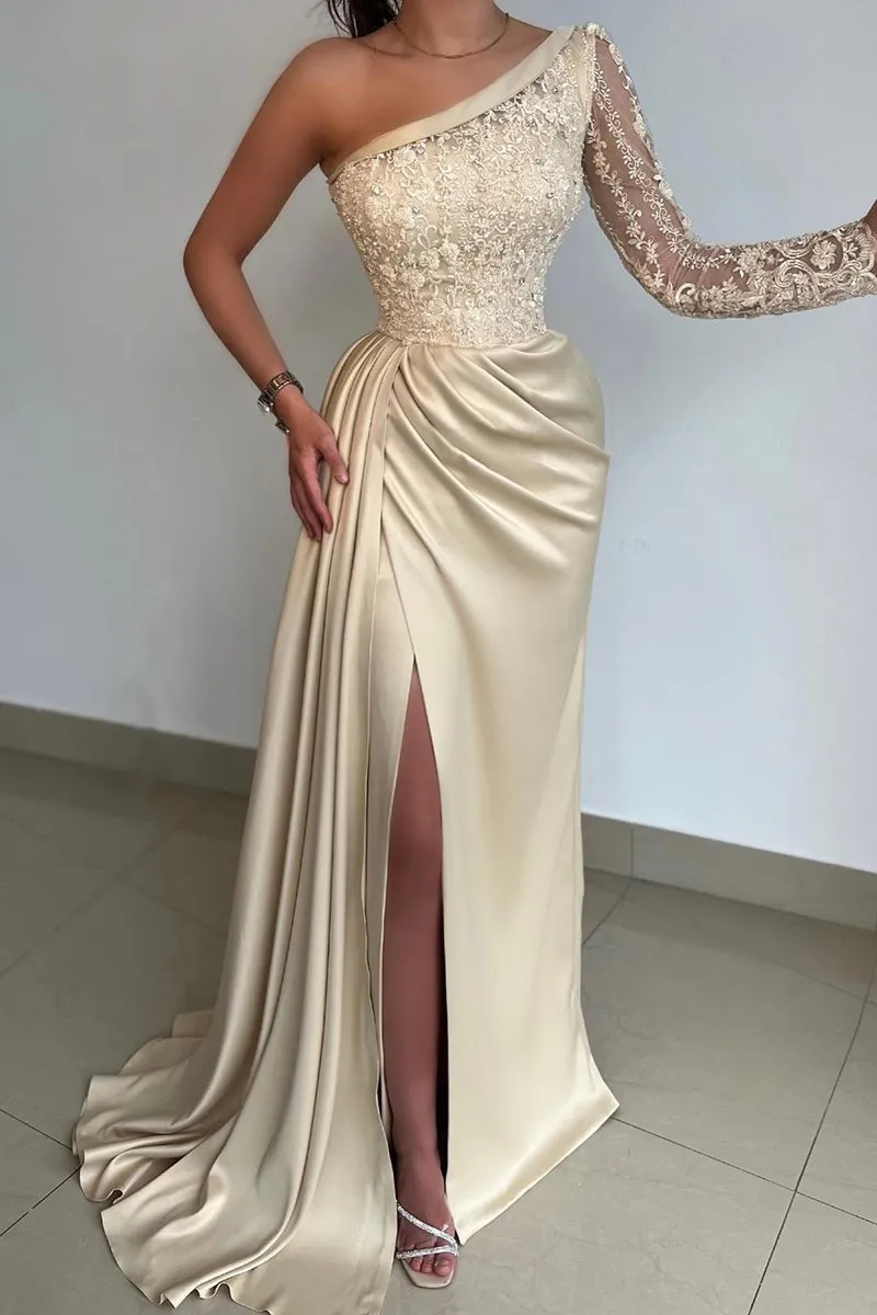 Elegant One Shoulder Lace Long Sleeve Satin Prom Dresses With Slit