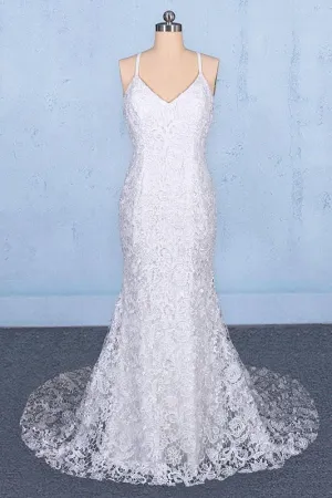 Elegant V Neck Lace Wedding Dresses, Mermaid Backless Lace Bridal Dress UQ2348