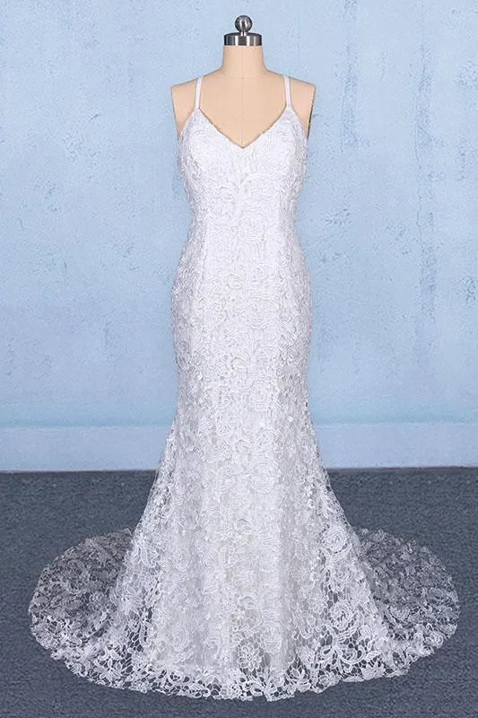 Elegant V Neck Lace Wedding Dresses, Mermaid Backless Lace Bridal Dress UQ2348