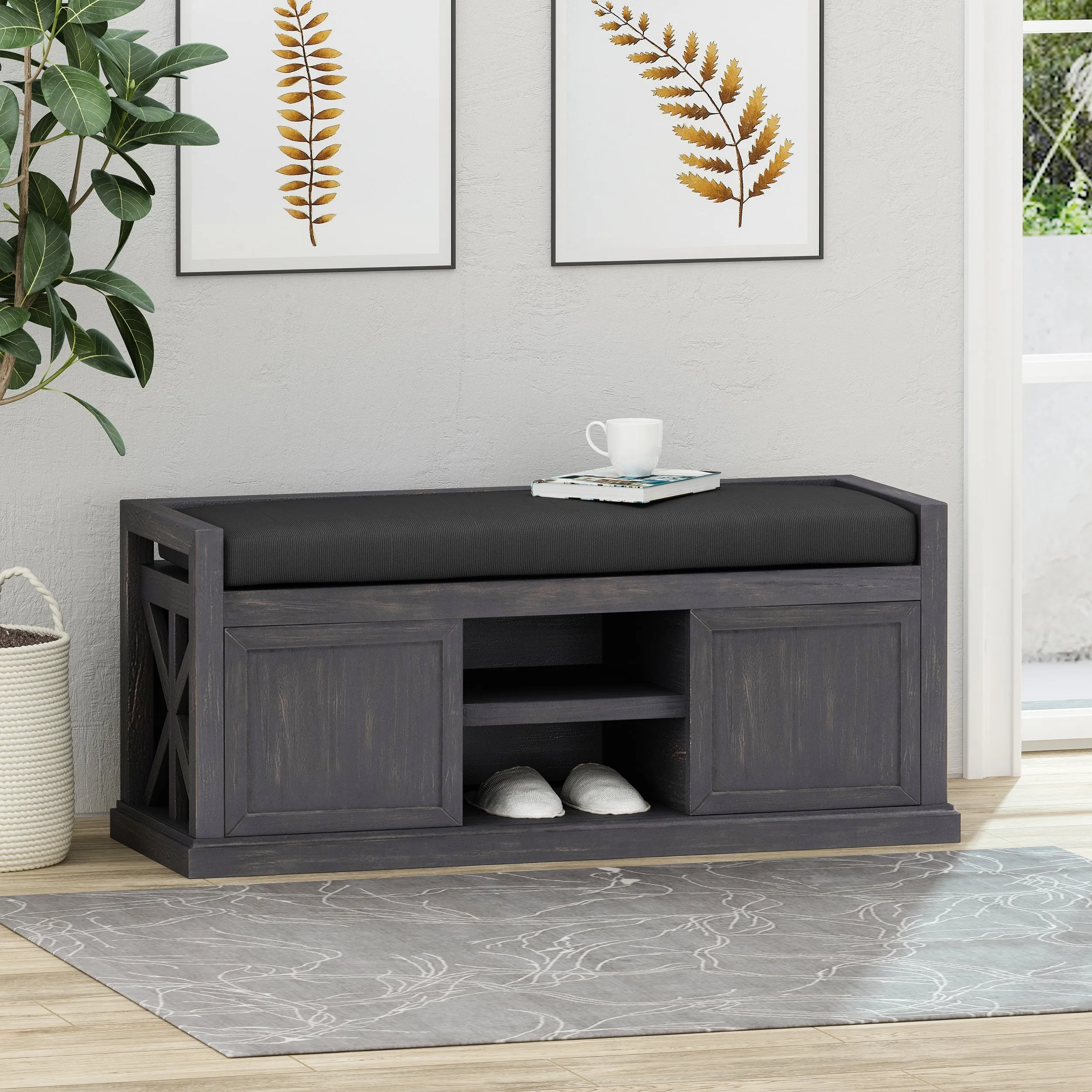 Evvy Modern Acacia Wood Storage Bench with Cushion