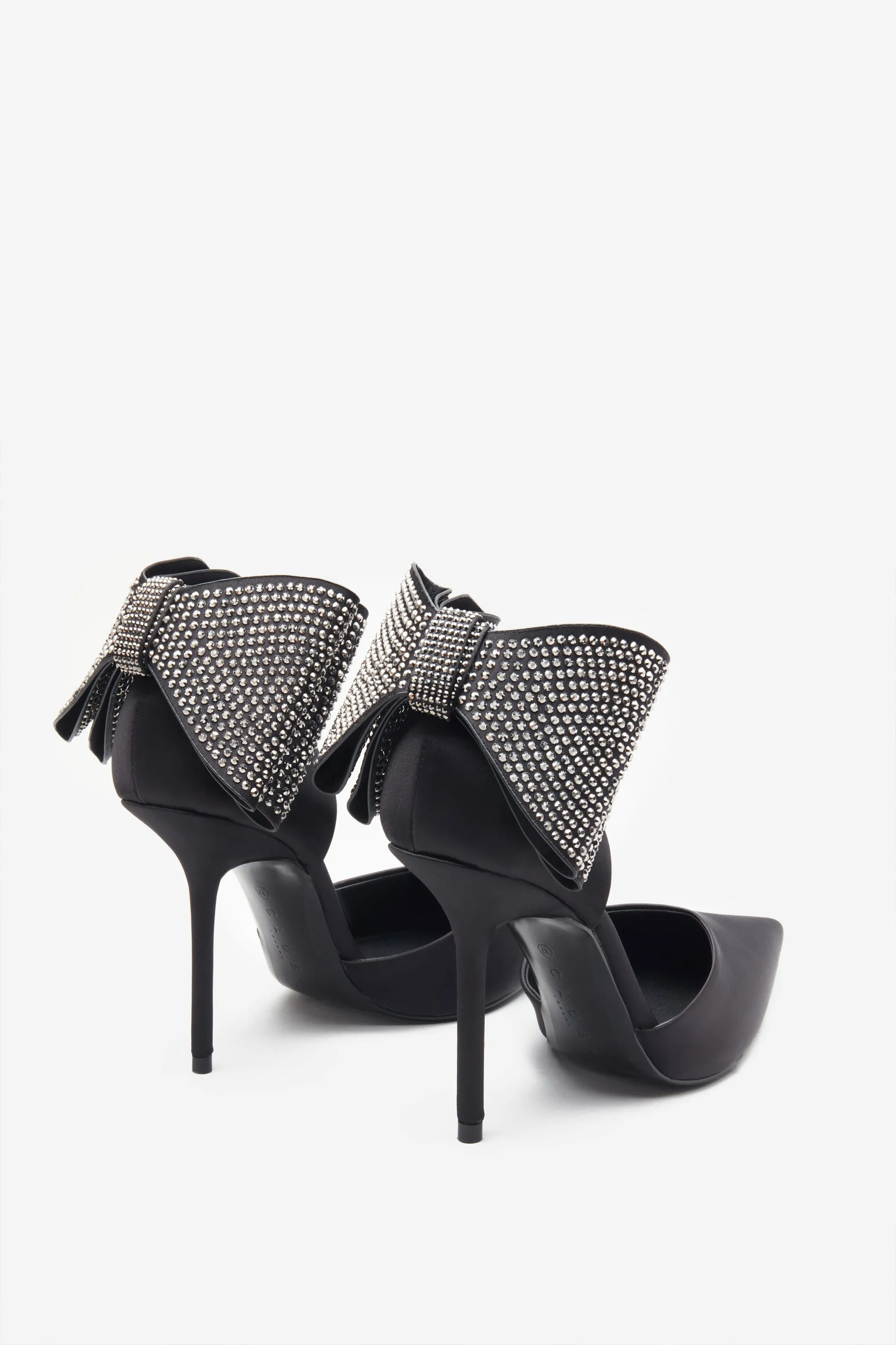 Flashing Lights | Black Satin Pointed Court Heels With Diamante Bows