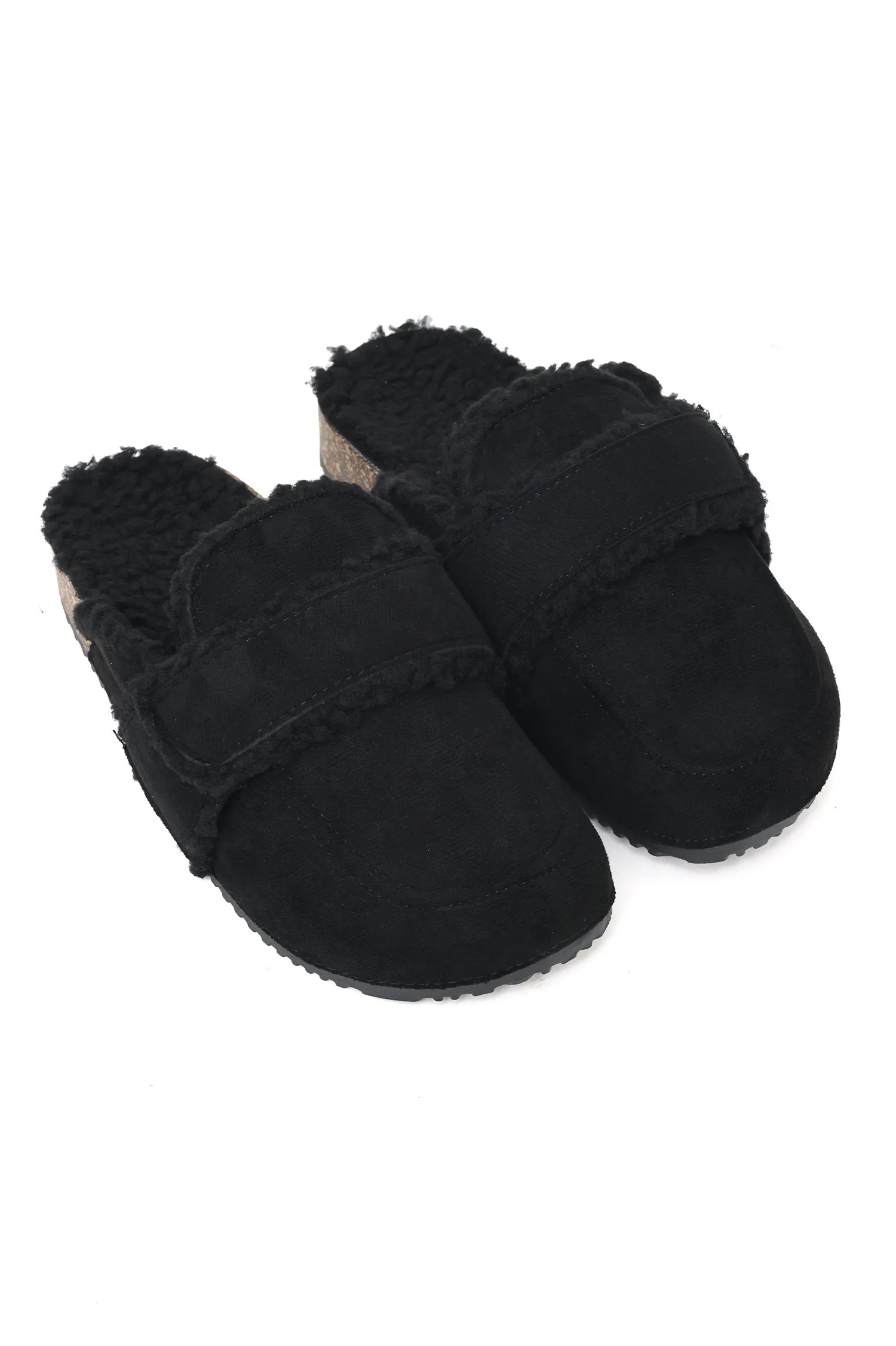 FLEECE-LINED SUEDE SLIP-ONS-BLACK