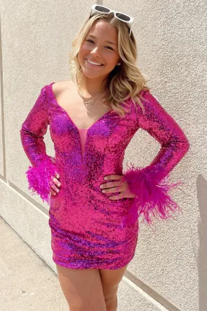 Fuchsia Sequin Plunge V Backless Bodycon Cocktail Dress with Long Sleeves