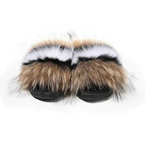 Fur Story Women's Fox Fur Slides Furry Slide Sandals Summer Fur Slippers (Brown, Numeric_7_Point_5)