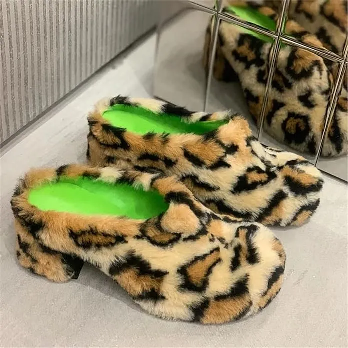 Furry Leopard Heeled Slides For Women With Outdoor Real Rex Rabbit Fur And Thick Heels Leopard Print Fur Slippers Shoes