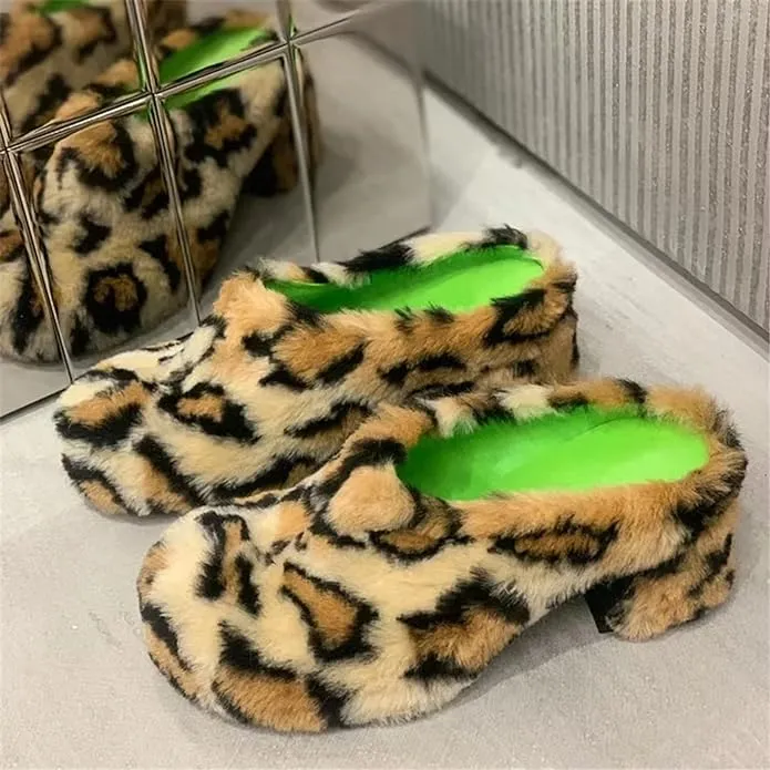 Furry Leopard Heeled Slides For Women With Outdoor Real Rex Rabbit Fur And Thick Heels Leopard Print Fur Slippers Shoes