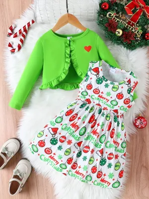 Girls' 2pcs Christmas Outfit Set: Cozy Knit Ruffle Heart Long Sleeve Cardigan & Festive Balloon Print Dress - Machine Washable, Perfect for Outdoor