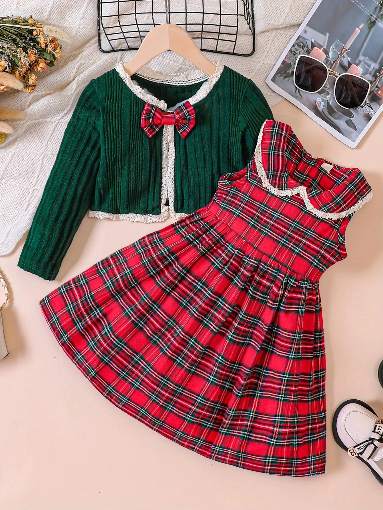 Girls 2pcs Christmas Sets Ribbed Knit Cardigan With Bow & Plaid Sleeveless Collar Dress Set For Christmas, outdoor Party, Fall