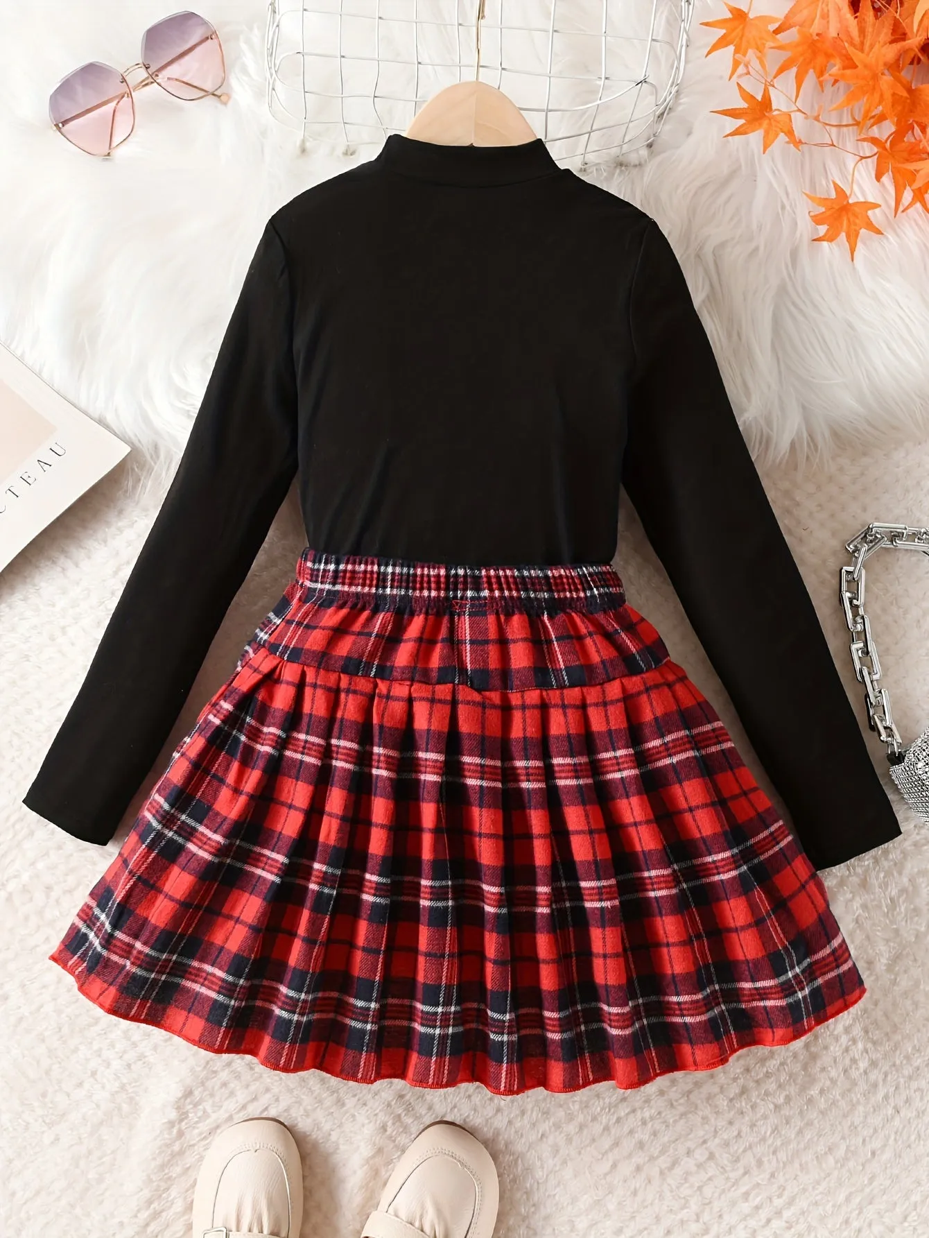 Girls 2pcs Vintage Style Sets LOVE Print Top & Plaid Skirt Set Christmas Kids Outdoor Clothes Gift