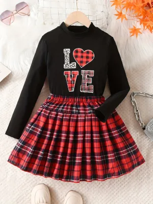 Girls 2pcs Vintage Style Sets LOVE Print Top & Plaid Skirt Set Christmas Kids Outdoor Clothes Gift