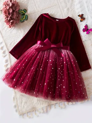 Girls Elegant & Stylish Long Sleeve Velvet Allover Sparkling Stars Pattern Mesh Tutu Princess Dress With Belt For Fall & Winter, Perfect Dress Up Clothes For Christmas & Birthday Party, Outdoor Cloth