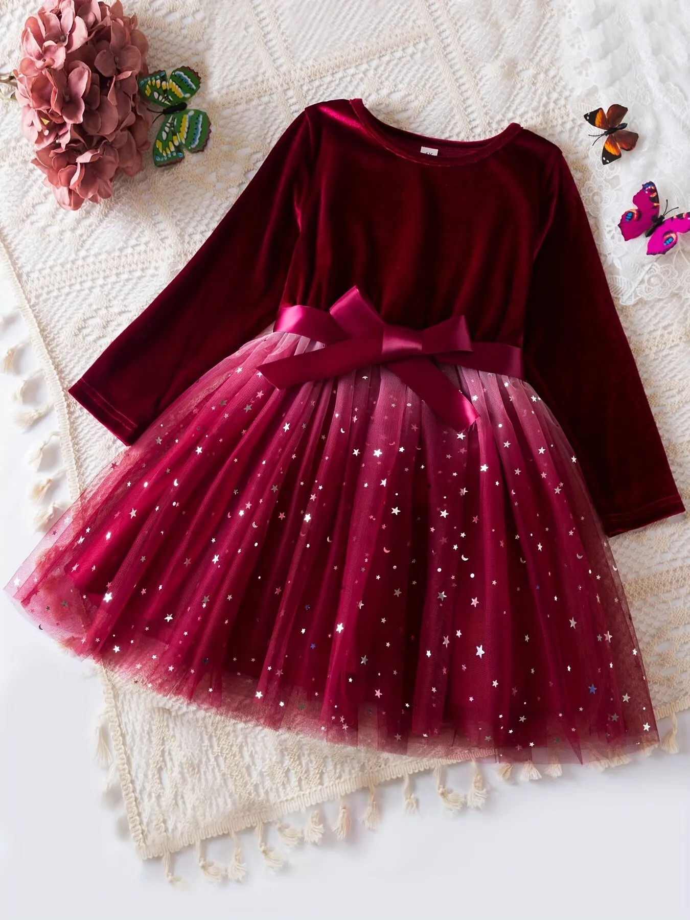 Girls Elegant & Stylish Long Sleeve Velvet Allover Sparkling Stars Pattern Mesh Tutu Princess Dress With Belt For Fall & Winter, Perfect Dress Up Clothes For Christmas & Birthday Party, Outdoor Cloth