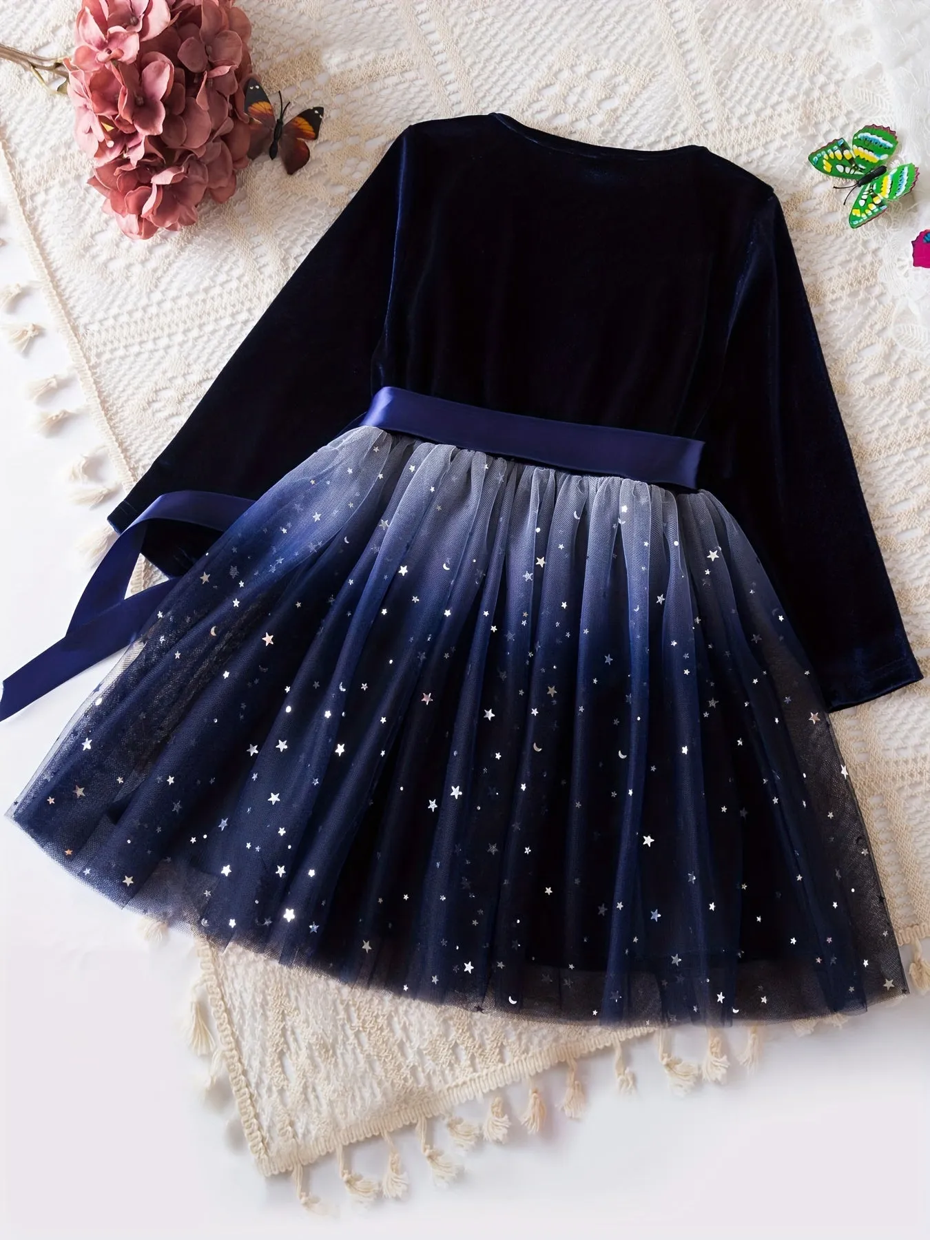 Girls Elegant & Stylish Long Sleeve Velvet Allover Sparkling Stars Pattern Mesh Tutu Princess Dress With Belt For Fall & Winter, Perfect Dress Up Clothes For Christmas & Birthday Party, Outdoor Cloth