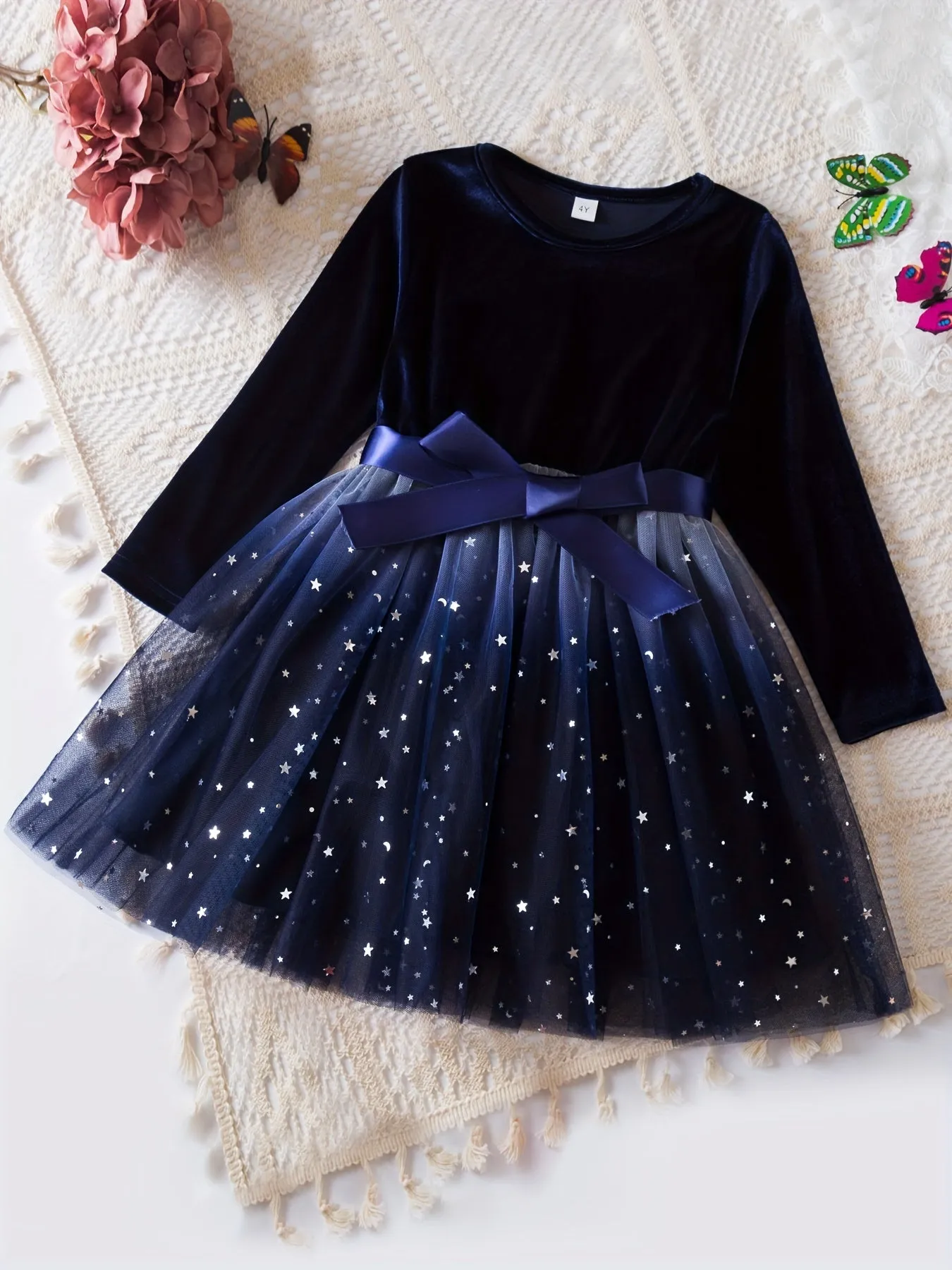 Girls Elegant & Stylish Long Sleeve Velvet Allover Sparkling Stars Pattern Mesh Tutu Princess Dress With Belt For Fall & Winter, Perfect Dress Up Clothes For Christmas & Birthday Party, Outdoor Cloth