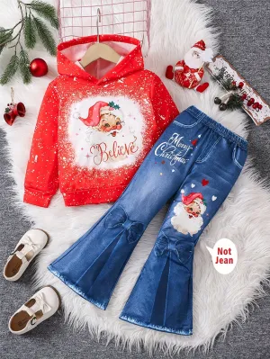 Girls' Festive Christmas 2pcs Set: Santa Print Hoodie & Stretchy Faux Denim Flare Pants - Perfect Holiday Gift, Perfect for Outdoor