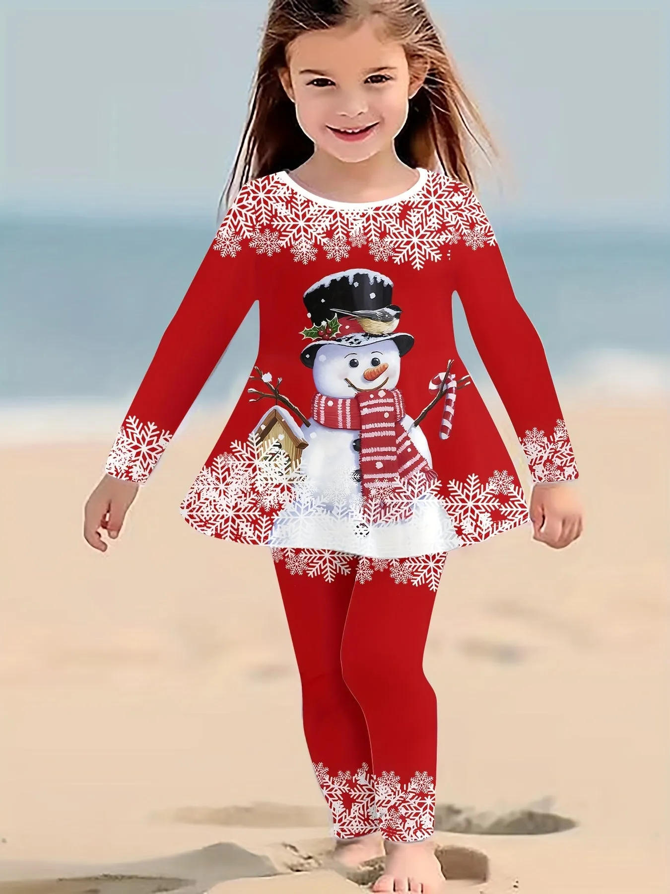 Girls' Festive Snowman Print Long Sleeve Dress & Pants Set - Stretchy Knit Fabric, Machine Washable, Perfect for Christmas - Casual Outfit with Skirted Top & Leggings, Perfect for Outdoor