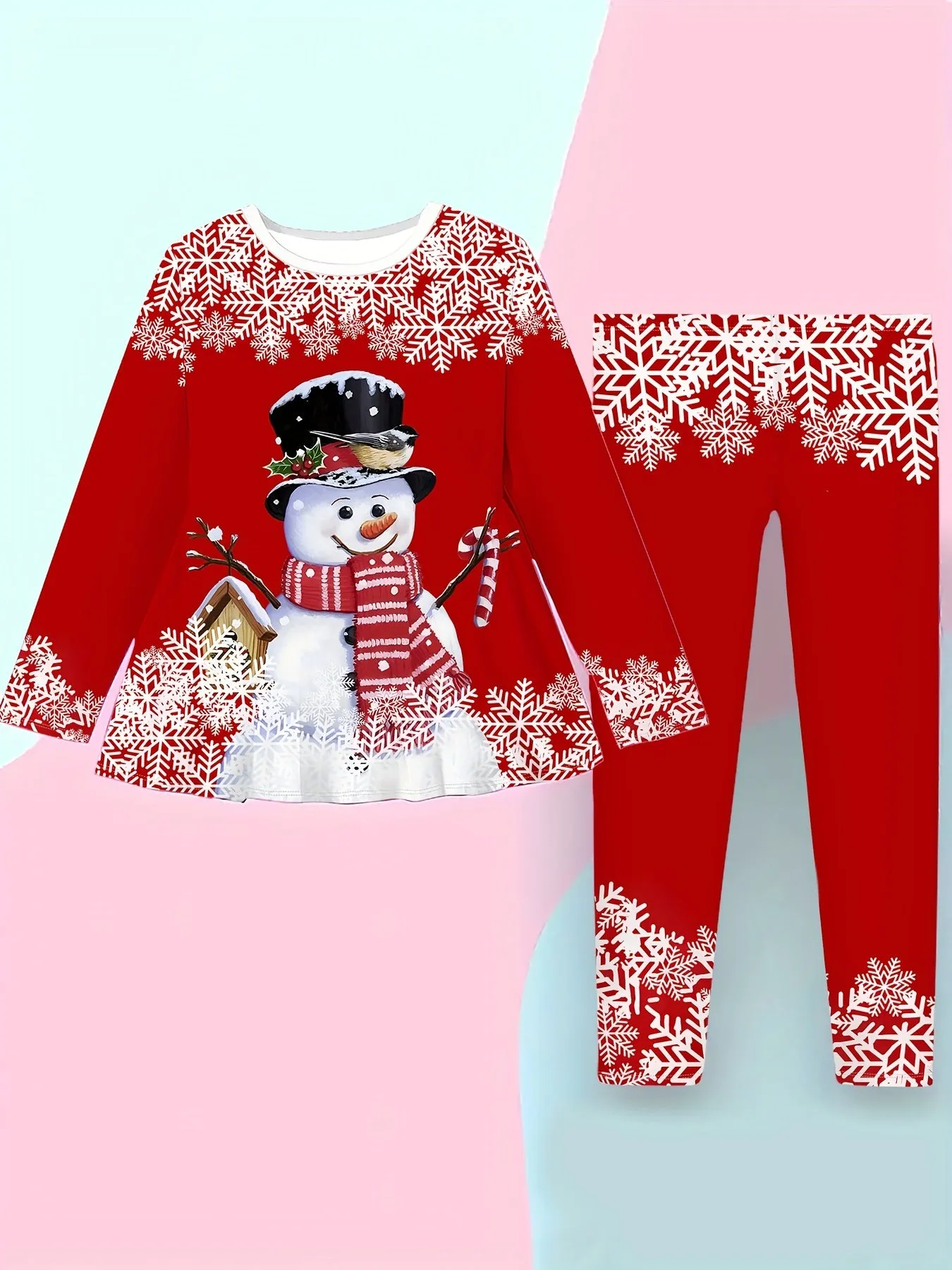 Girls' Festive Snowman Print Long Sleeve Dress & Pants Set - Stretchy Knit Fabric, Machine Washable, Perfect for Christmas - Casual Outfit with Skirted Top & Leggings, Perfect for Outdoor