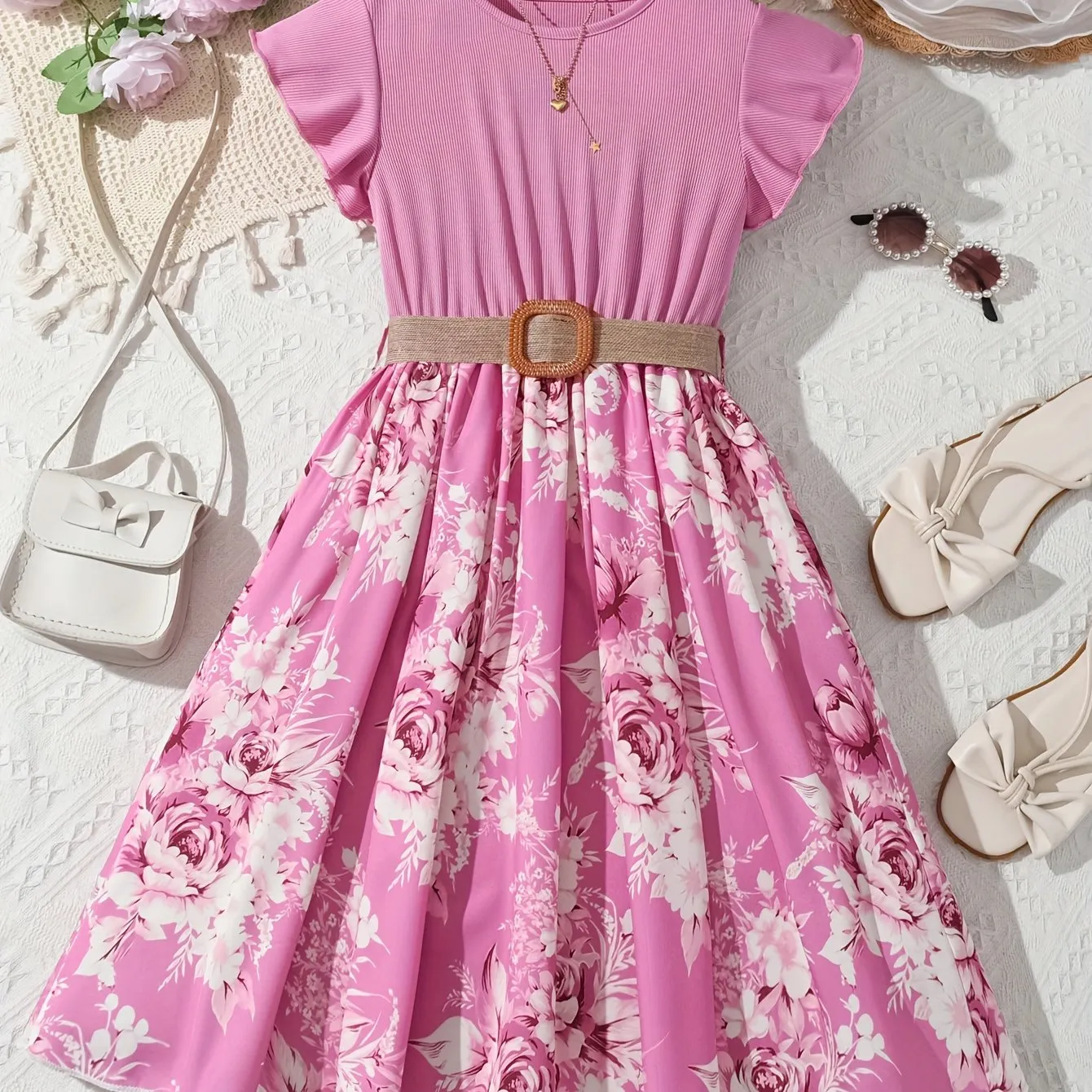 Girls Summer Floral A-Line Dress - Soft Ribbed Texture, Flowy Bell-Shaped Sleeves, Classic A-Line Silhouette - Effortlessly Chic Casual Style for Vacation, Beach, or Summer Outdoor Activities