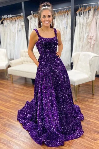 Glamorous Straps Grape Square Neck Sequins Prom Dress with Pockets