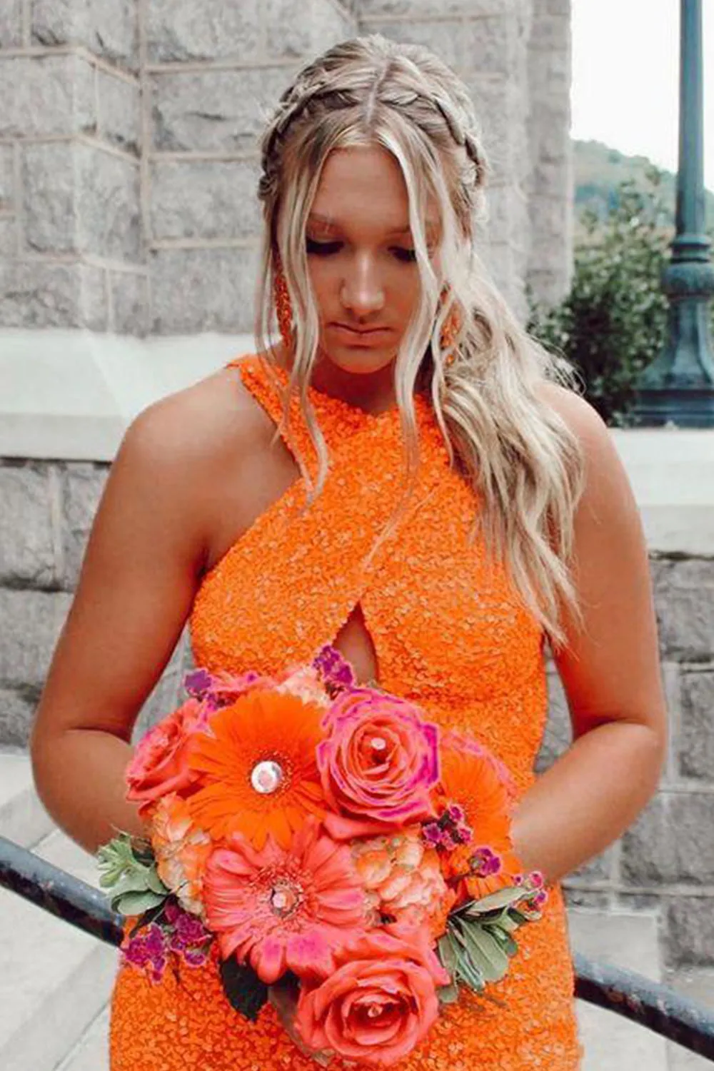 Glitter Orange Halter Backless Sequins Tight Cocktail Dress