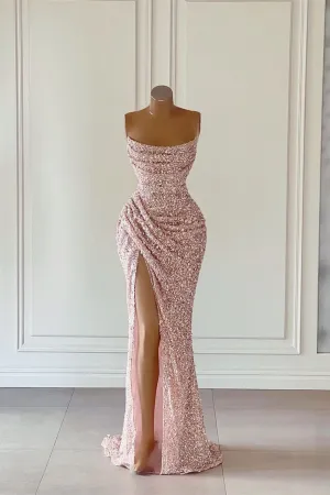 Gorgeous Light Pink Sequined Sleeveless Prom Dress With Slit