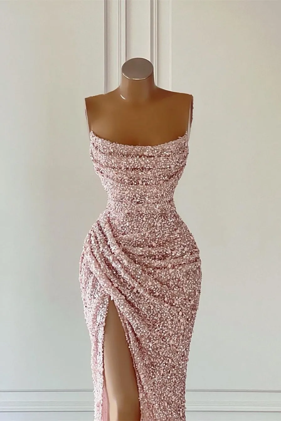 Gorgeous Light Pink Sequined Sleeveless Prom Dress With Slit