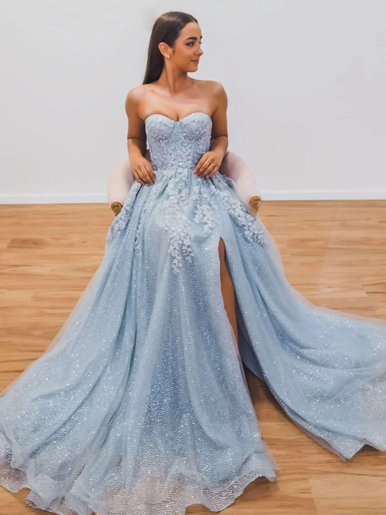 Gray Blue Tulle Sequin Long Prom Dress,Front Slit Graduation Holiday Dresses