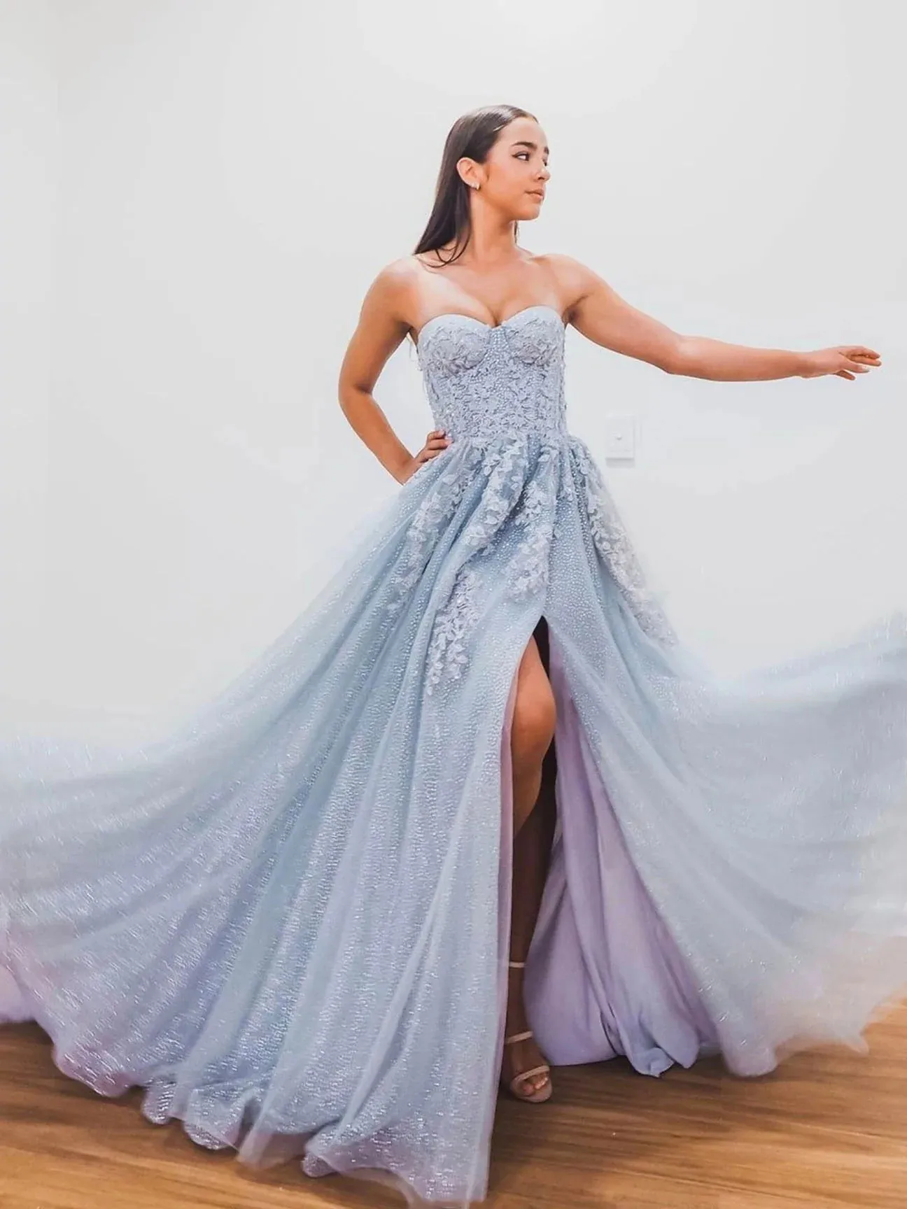 Gray Blue Tulle Sequin Long Prom Dress,Front Slit Graduation Holiday Dresses